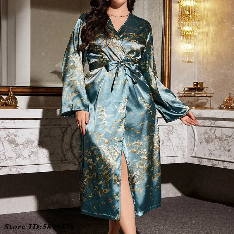 Women's Sexy Kimono Satin Robe, 2-Piece Set, Plus Size 5XL, Strappy Nightgown, Homewear
