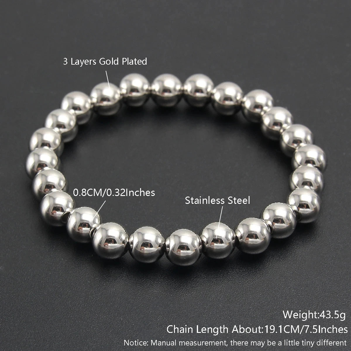 Bracelet élastique en acier inoxydable pour homme et femme, bijoux perlés, boule métallique, 2mm, 4mm, 5mm, 6mm, 8mm, 10mm, haute qualité