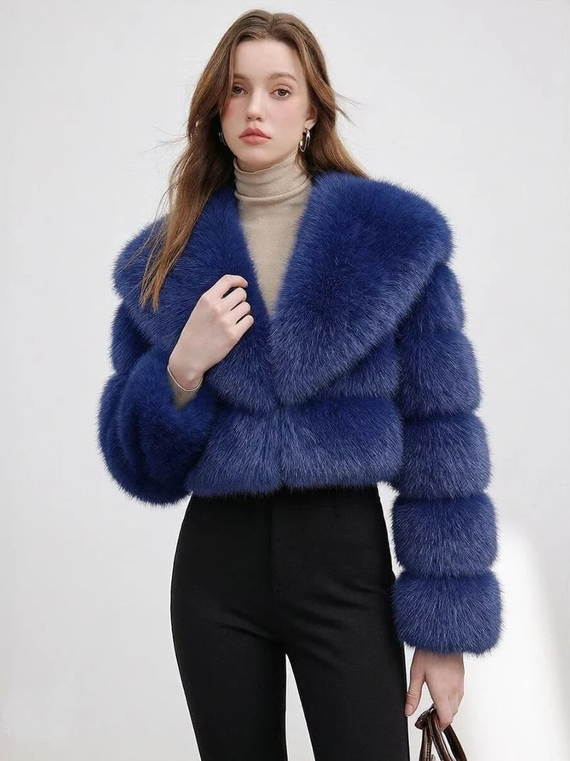 Veste Fausse Fourrure Femme – Manteau Court d'Hiver, Col Rabattu