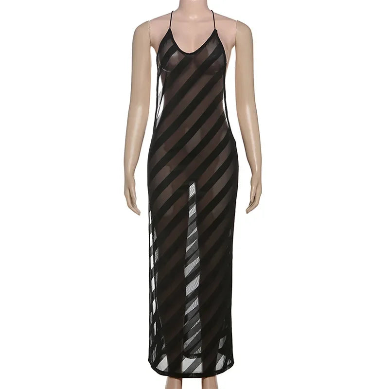 Maxi robe longue en maille transparente – Licou, dos nu, fendue, sexy