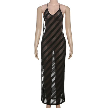 Maxi robe longue en maille transparente – Licou, dos nu, fendue, sexy