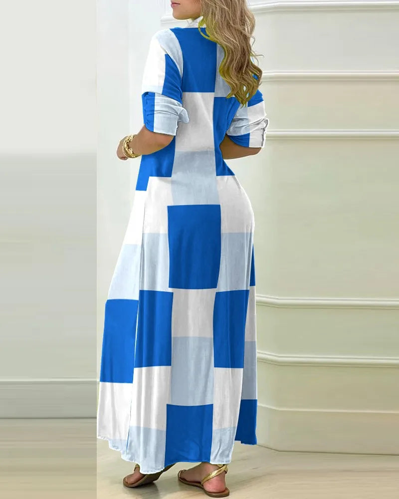 Robe Longue Femme – Rayures Color Block, Col à Revers & Fente Latérale