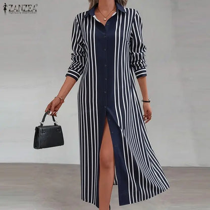 Robe Longue Rayée Bohème – Col Rabattu & Manches Longues
