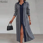 Robe Longue Rayée Bohème – Col Rabattu & Manches Longues