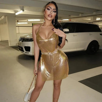 Robe courte élégante pour femmes, Sexy et à la mode, avec col suspendu, dos nu, bas de poitrine, paillettes, robe de danse de fête pour filles