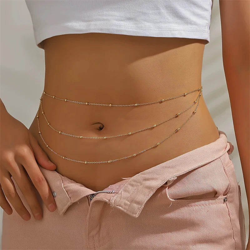 Chaîne de ventre bohème à double couche avec strass et pompon pour femmes, couleur or Y2K, chaîne de corps pour bikini de plage, bijoux de fête