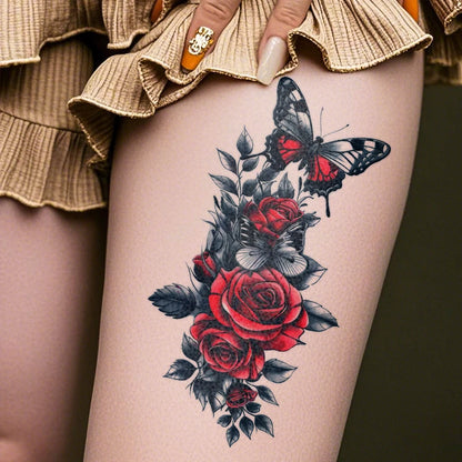Autocollant de tatouage temporaire imperméable, 4 pièces, Style foncé, papillon, Rose rouge, fleurs, feuilles, bras d'art corporel, faux tatouages, manches pour femmes et hommes