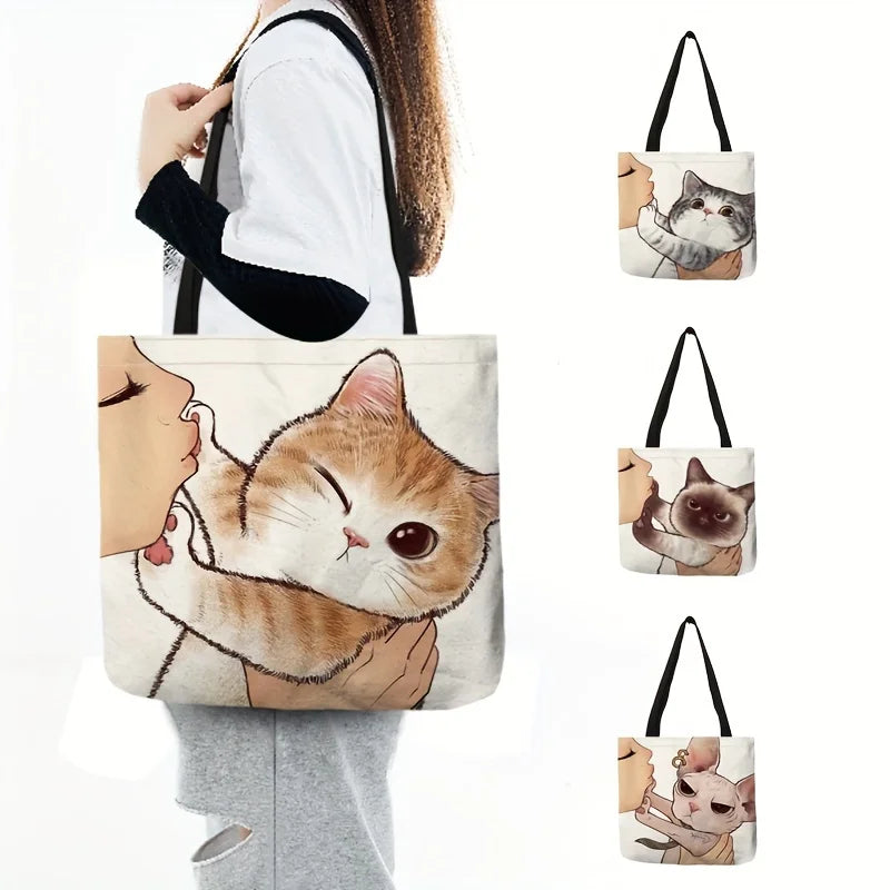 Sac fourre-tout imprimé chat de dessin animé mignon, sac à bandoulière de grande capacité, sac à main décontracté pour femmes pour le travail, l'école et le Shopping