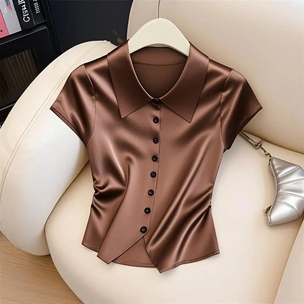 2026 été nouvelle mode tempérament boutons couleur unie chemises dames mode col rabattu à manches courtes Blouse femmes vêtements