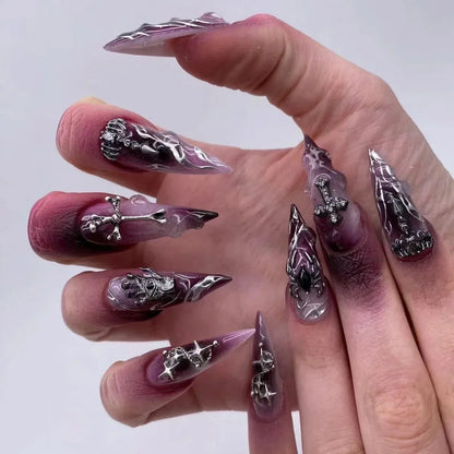 Faux ongles à presser style gothique sombre, avec motifs artistiques, polices anglaises, cœurs et chiffres, longs et pointus, pour manucure