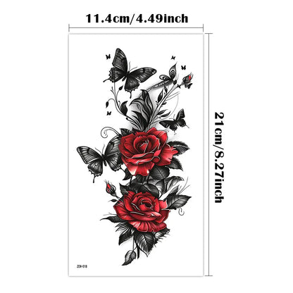 Autocollant de tatouage temporaire imperméable, 4 pièces, Style foncé, papillon, Rose rouge, fleurs, feuilles, bras d'art corporel, faux tatouages, manches pour femmes et hommes