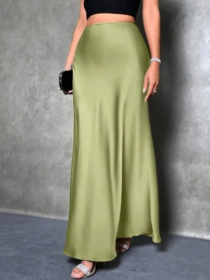 Jupe Midi Satin à Volants – Taille Haute