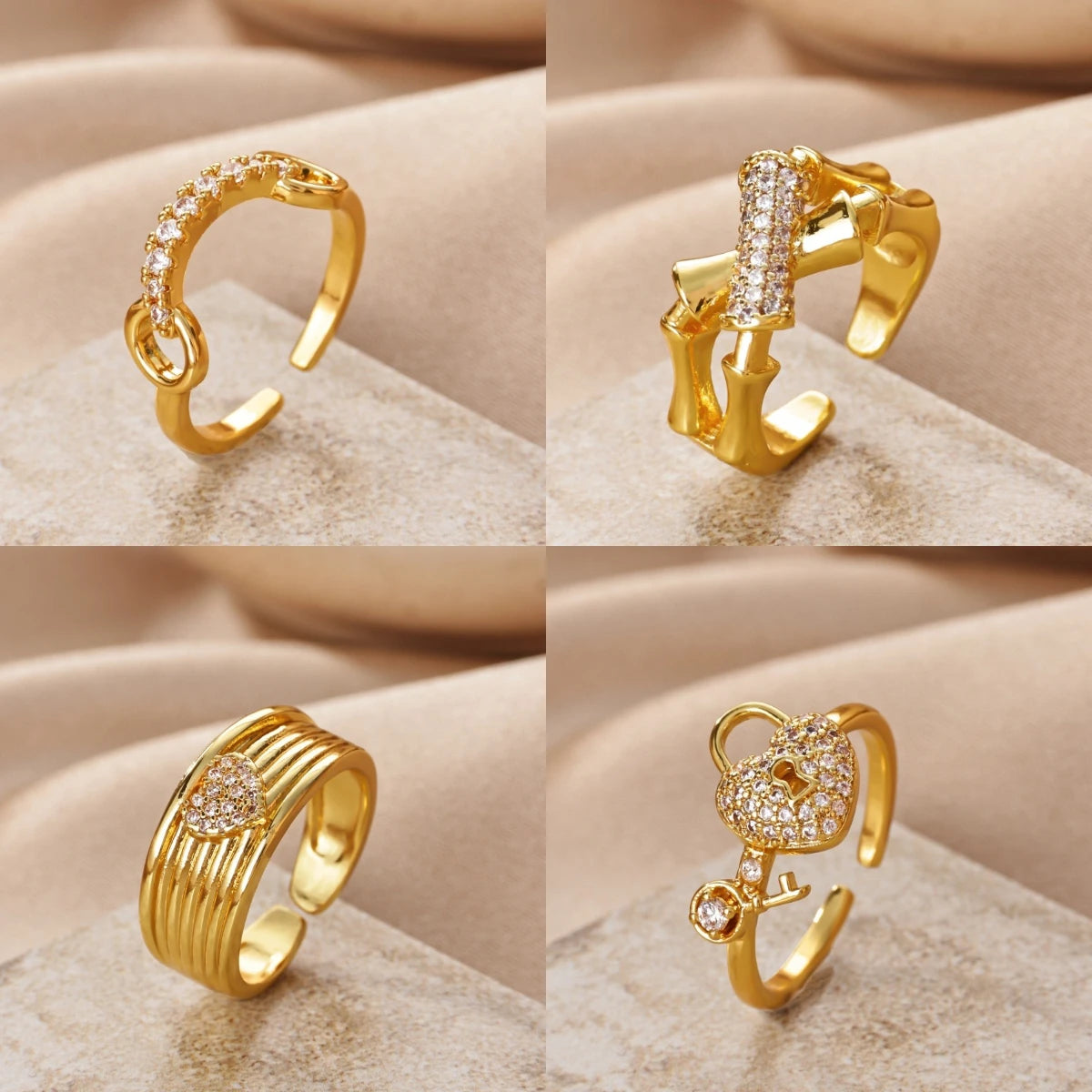Bague ajustable géométrique en zircon – Plaqué or 18 carats