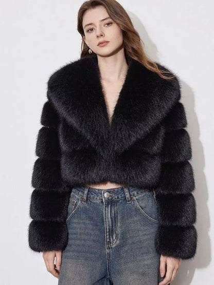 Veste Fausse Fourrure Femme – Manteau Court d'Hiver, Col Rabattu