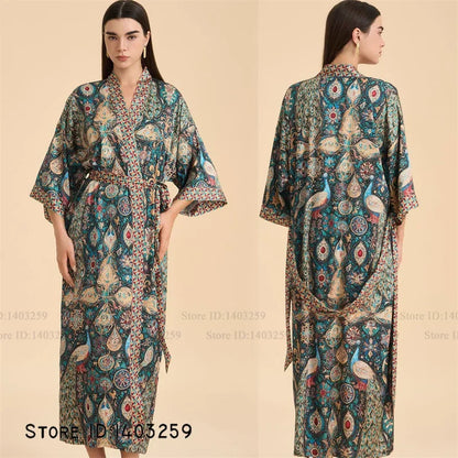 Imprimé fleur femme longue Robe chemise de nuit Robe de maison demi manches Kimono peignoir Robe ample décontracté soie Satin vêtements de détente pyjama