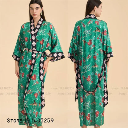 Imprimé fleur femme longue Robe chemise de nuit Robe de maison demi manches Kimono peignoir Robe ample décontracté soie Satin vêtements de détente pyjama