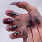 Faux ongles à presser style gothique sombre, avec motifs artistiques, polices anglaises, cœurs et chiffres, longs et pointus, pour manucure
