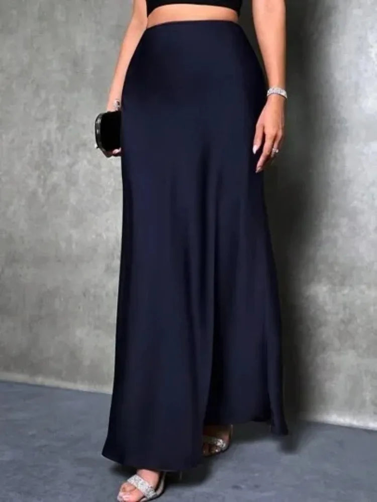Jupe Midi Satin à Volants – Taille Haute