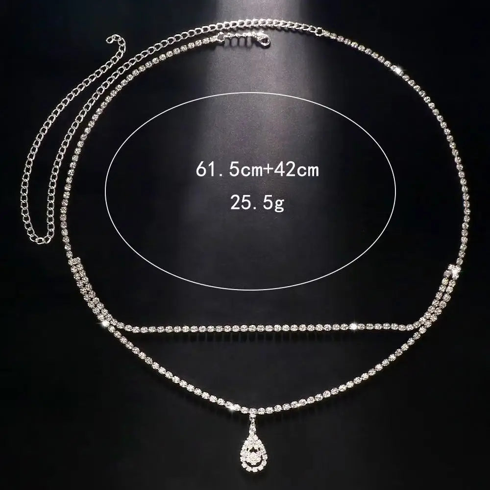 Chaîne de ventre strass – Double rang, pendentif goutte d’eau ou cœur