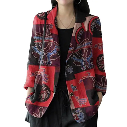 Blazer Vintage Imprimé Femme – 100% Coton, Coupe Droite