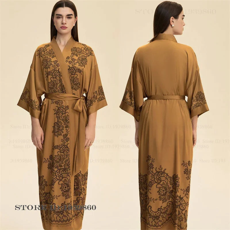 Imprimé fleur femme longue Robe chemise de nuit Robe de maison demi manches Kimono peignoir Robe ample décontracté soie Satin vêtements de détente pyjama