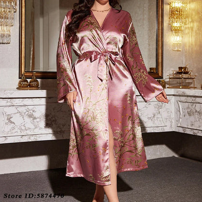Peignoir Kimono Sexy en Satin pour Femme, Ensemble de 2 Pièces, Grande Taille 5XL, Chemise de Nuit à Bretelles, Vêtements de Maison