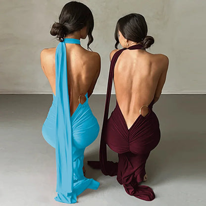 Nouvelle Robe Longue Moulante Sexy Dos Nu pour Femme, Col Halter, Robe Maxi Élégante pour Soirées d'Été, Anniversaires, Noire, Blanche, Bordeaux