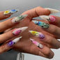 Faux ongles à presser style gothique sombre, avec motifs artistiques, polices anglaises, cœurs et chiffres, longs et pointus, pour manucure