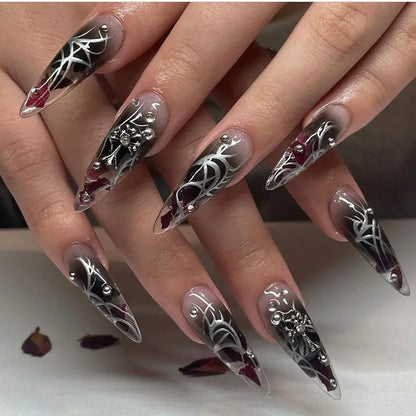 Faux ongles à presser style gothique sombre, avec motifs artistiques, polices anglaises, cœurs et chiffres, longs et pointus, pour manucure