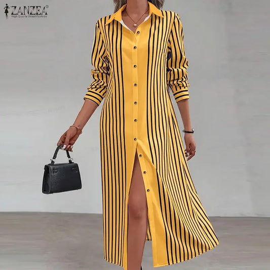 Robe Longue Rayée Bohème – Col Rabattu & Manches Longues