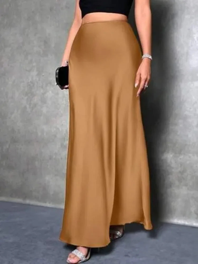 Jupe Midi Satin à Volants – Taille Haute