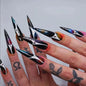 Faux ongles à presser style gothique sombre, avec motifs artistiques, polices anglaises, cœurs et chiffres, longs et pointus, pour manucure