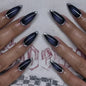 Faux ongles à presser style gothique sombre, avec motifs artistiques, polices anglaises, cœurs et chiffres, longs et pointus, pour manucure