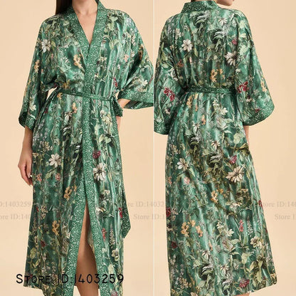 Imprimé fleur femme longue Robe chemise de nuit Robe de maison demi manches Kimono peignoir Robe ample décontracté soie Satin vêtements de détente pyjama