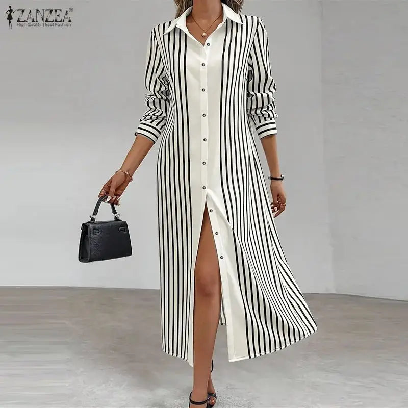 Robe Longue Rayée Bohème – Col Rabattu & Manches Longues