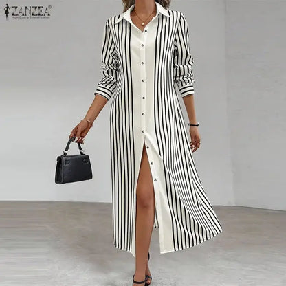 Robe Longue Rayée Bohème – Col Rabattu & Manches Longues
