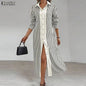 Robe Longue Rayée Bohème – Col Rabattu & Manches Longues