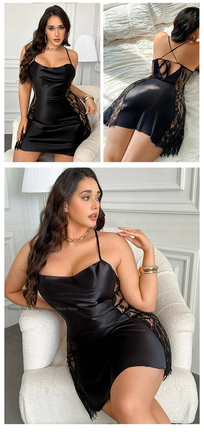 Chemise de nuit pour femme grande taille 3XL 4XL 5XL, nuisette sexy en dentelle ajourée, lingerie ample en satin, vêtement d'intérieur