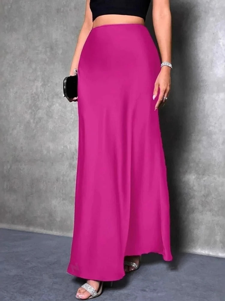 Jupe Midi Satin à Volants – Taille Haute