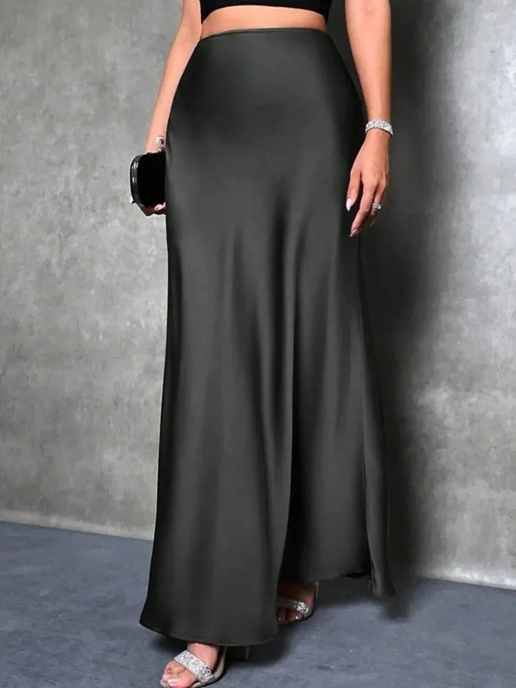 Jupe Midi Satin à Volants – Taille Haute