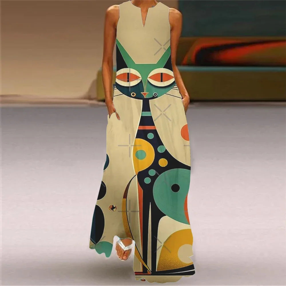 Robe longue imprimée chat abstrait pour femmes, mode Sexy, ajouré, col en v, sans manches, décontractée, vacances, fête, dîner, Maxi