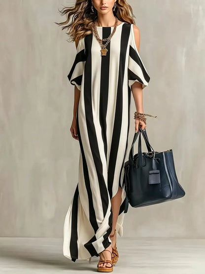 Robe longue rayée décontractée pour femme, coupe ample, épaules dénudées, avec fente, idéale pour l'été et les vacances
