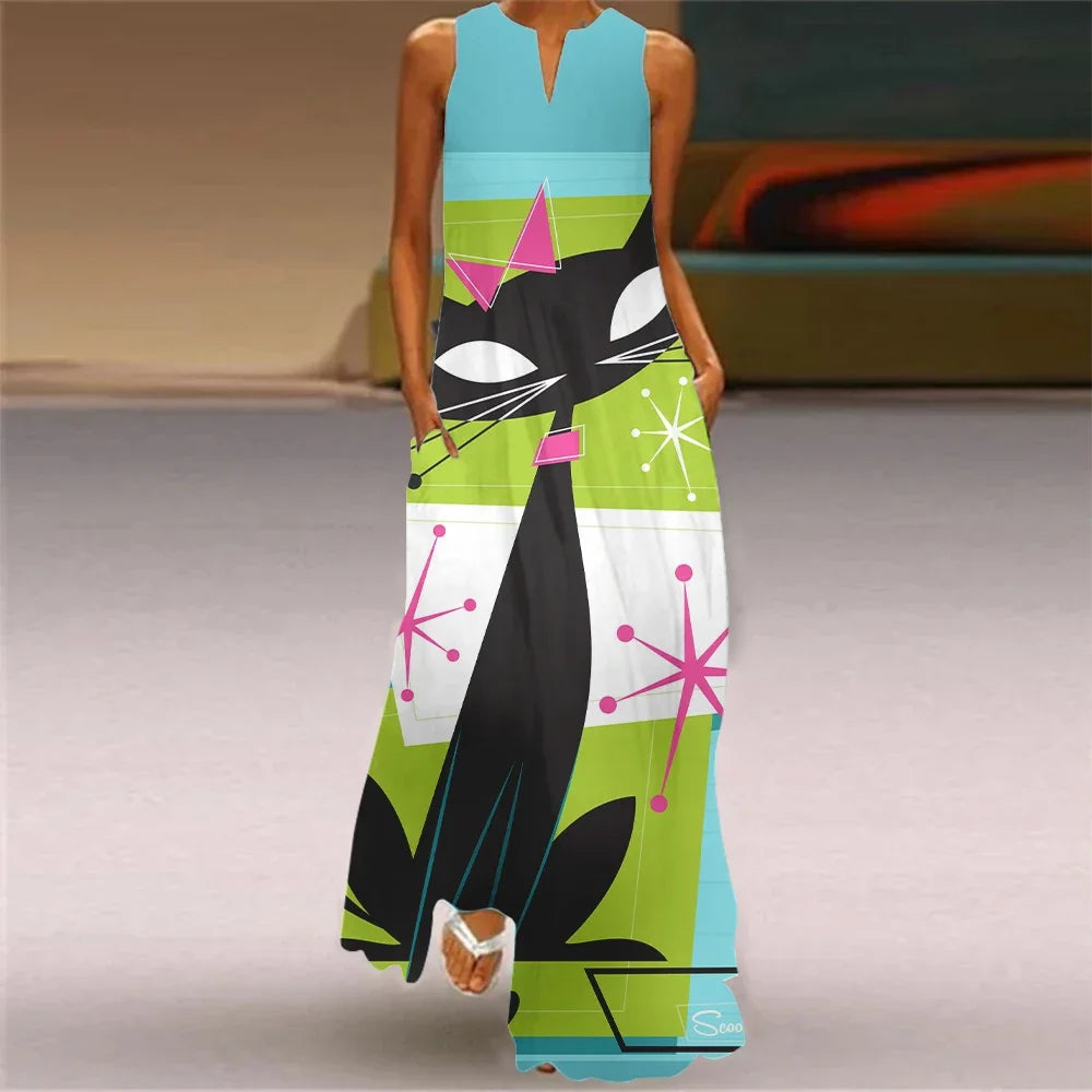 Robe longue imprimée chat abstrait pour femmes, mode Sexy, ajouré, col en v, sans manches, décontractée, vacances, fête, dîner, Maxi