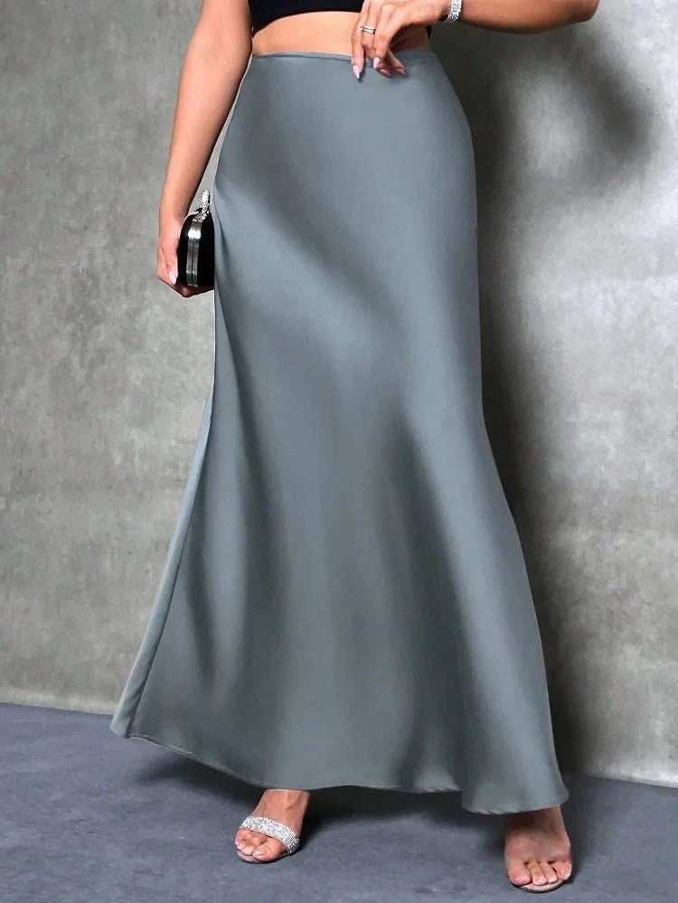 Jupe Midi Satin à Volants – Taille Haute