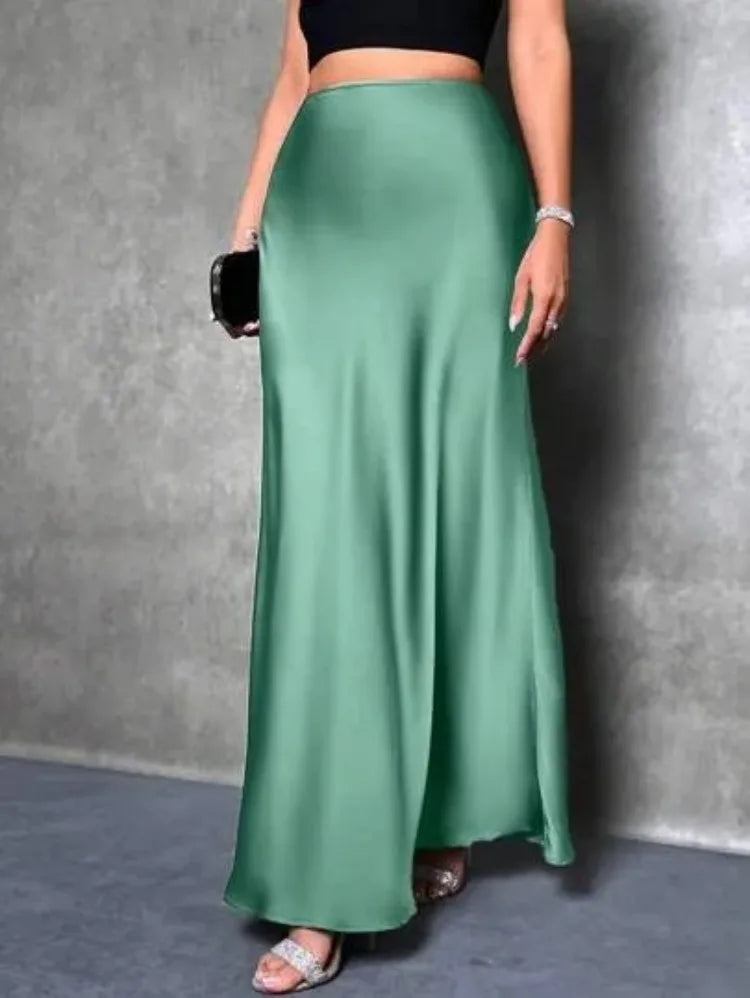 Jupe Midi Satin à Volants – Taille Haute