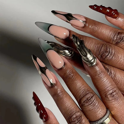 Faux ongles à presser style gothique sombre, avec motifs artistiques, polices anglaises, cœurs et chiffres, longs et pointus, pour manucure