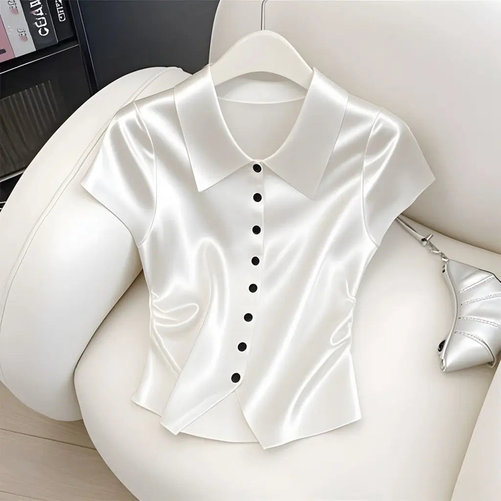 2026 été nouvelle mode tempérament boutons couleur unie chemises dames mode col rabattu à manches courtes Blouse femmes vêtements