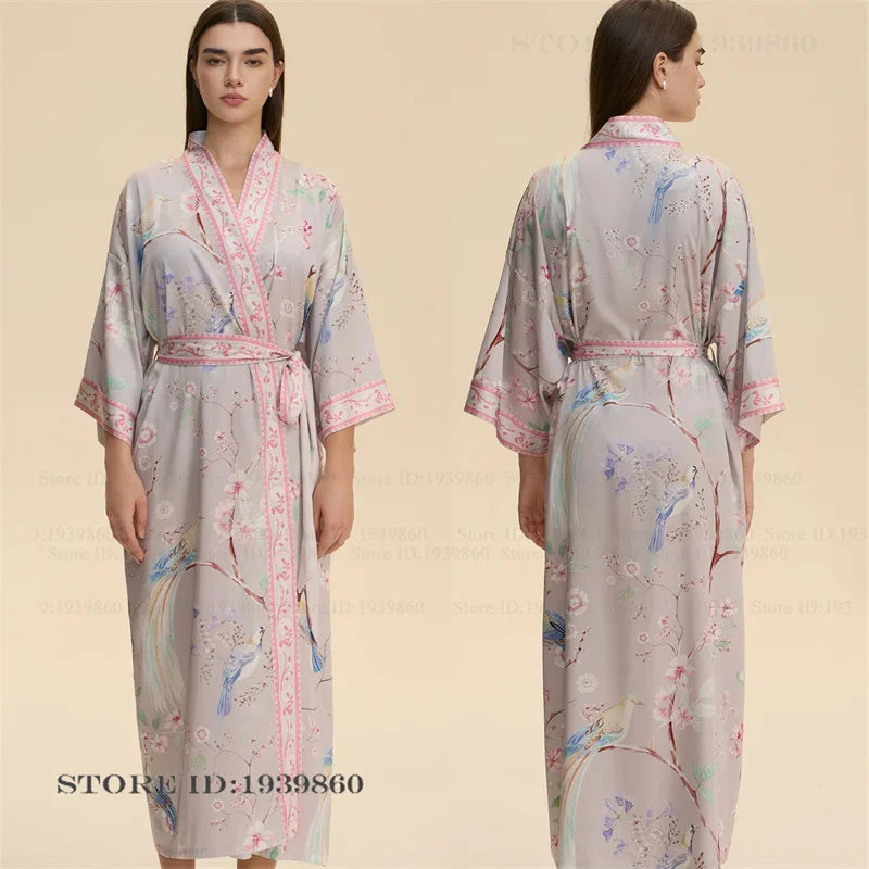 Imprimé fleur femme longue Robe chemise de nuit Robe de maison demi manches Kimono peignoir Robe ample décontracté soie Satin vêtements de détente pyjama