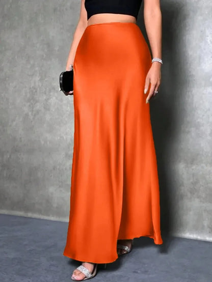 Jupe Midi Satin à Volants – Taille Haute