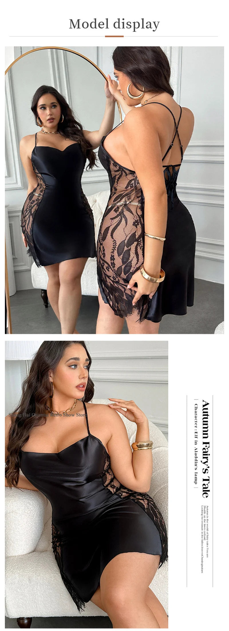 Chemise de nuit pour femme grande taille 3XL 4XL 5XL, nuisette sexy en dentelle ajourée, lingerie ample en satin, vêtement d'intérieur